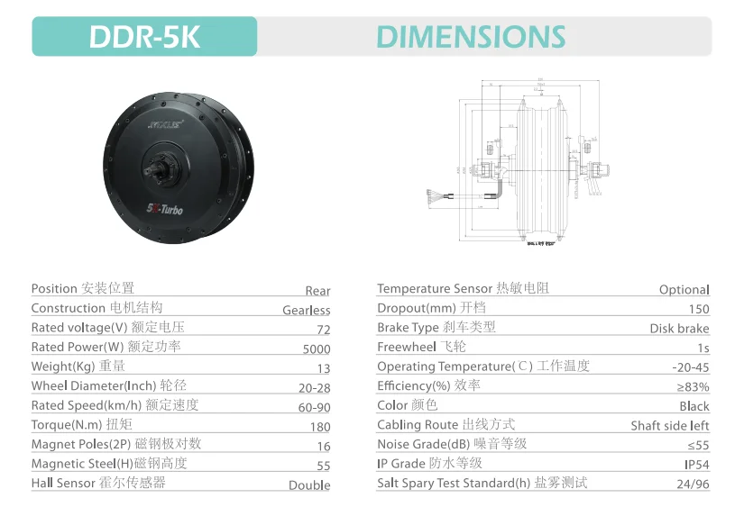 High Torque  Motor 72V 5000W Brushless - MXUS DDR5K 150MM Dropout