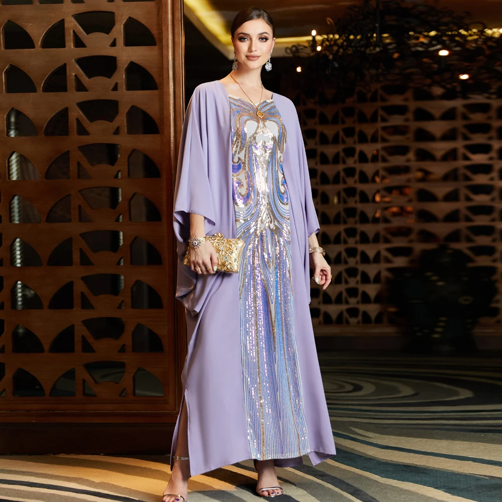 Purple Muslim Dress for Women Moroccan Kaftan Luxury Arab Dubai Abaya Islam Jalabiya Marocain Turkey Dresses Sequins Robe