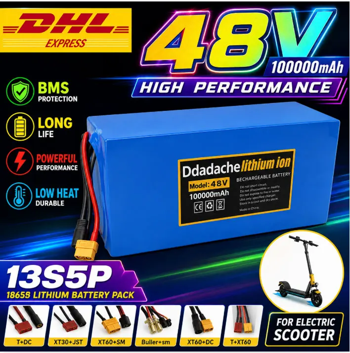 PL Warehouse 48V Elektroroller-Akku 13S5P 100Ah 18650 Grade-A-Zellen Eingebautes BMS XT60 JST-Anschluss Hohe Kapazität Lange Reichweite Sicher Langlebig Für 2000W E-Bike Elektrofahrrad Ersatzakku