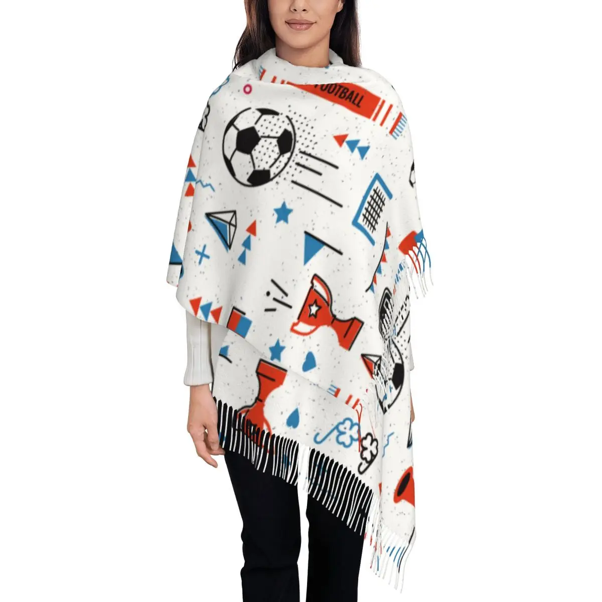 

80s Memphis Style Shawls Wraps Women Winter Warm Long Soft Scarf Soccer Football Balls Sports Pashminas Shawl Scarves