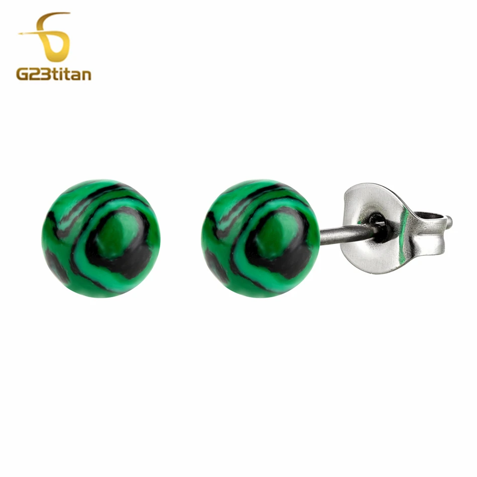 Charming Malachite Stone Earrings 6mm 8mm Green Ball Ear Studs Hypoallergenic Titanium Earings for Women Men Minimalist Jewelry