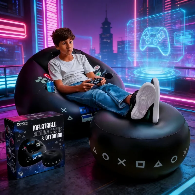 Creative e-sports game inflatable sofa with cup holder and side bag, black lazy inflatable stool