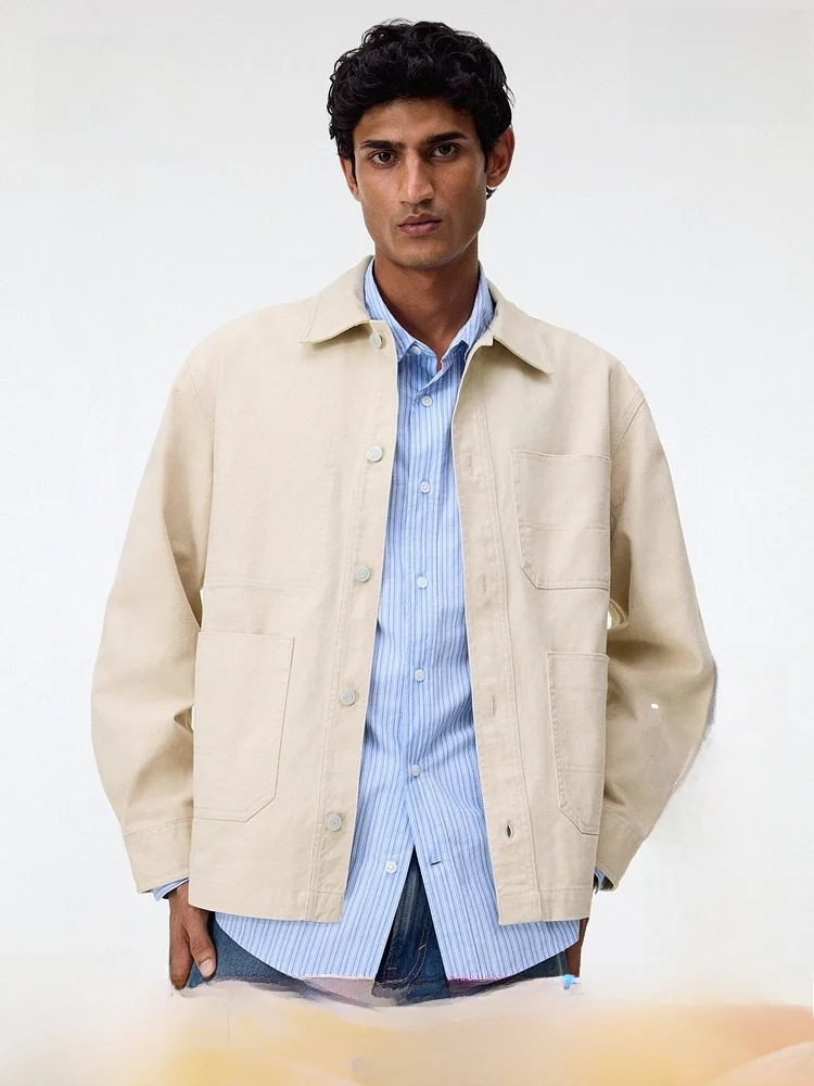 Loose Fit Men's Jaet HM Spring Turn-down Collar Workwear Sle irt Casual Cotton Long Sve Youth Daily Wear