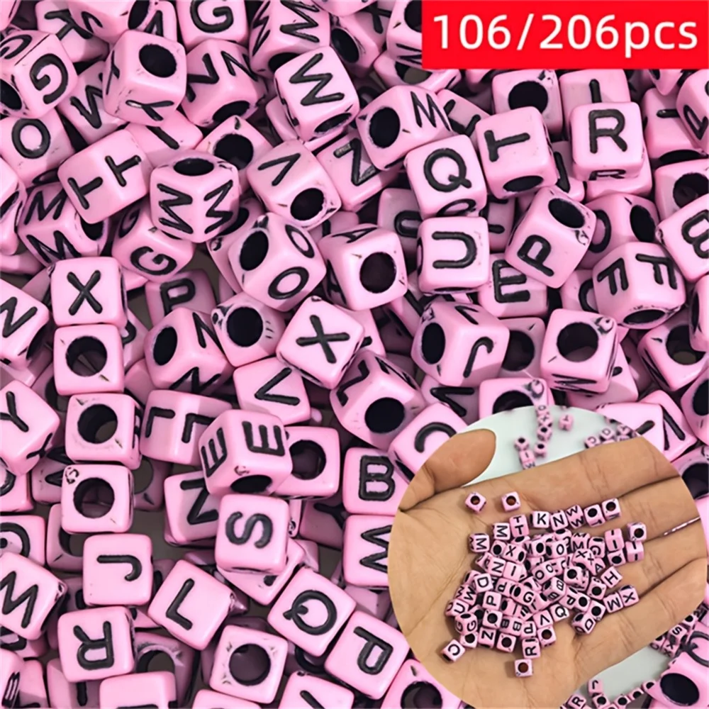 106/206pcs Pink 6 * 6mm Square Letter Beads DIY Making Friendship Bracelet Name Bracelet Multi purpose Letter Beads