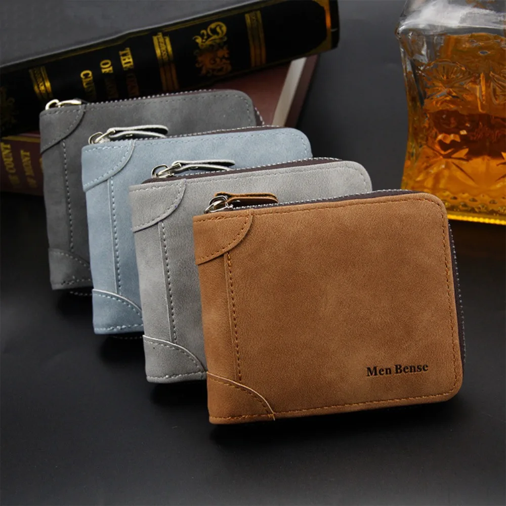 

Simple Vintage Short PU Wallet Frosted Zipper Business Clutch Bag Casual Large Capacity Male Coin Purse Shopping