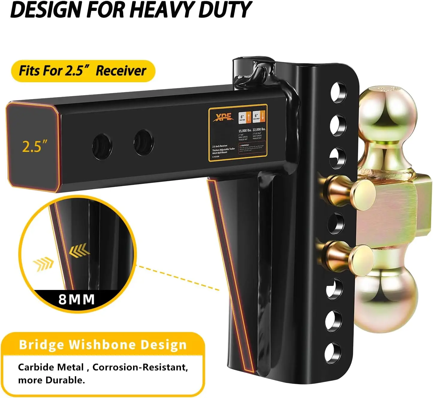 Truck Towing Application, Solid Steel Material, Black Color, 22,000 LBS GTW with Anti-Theft Pin Adjustable Trailer Hitch