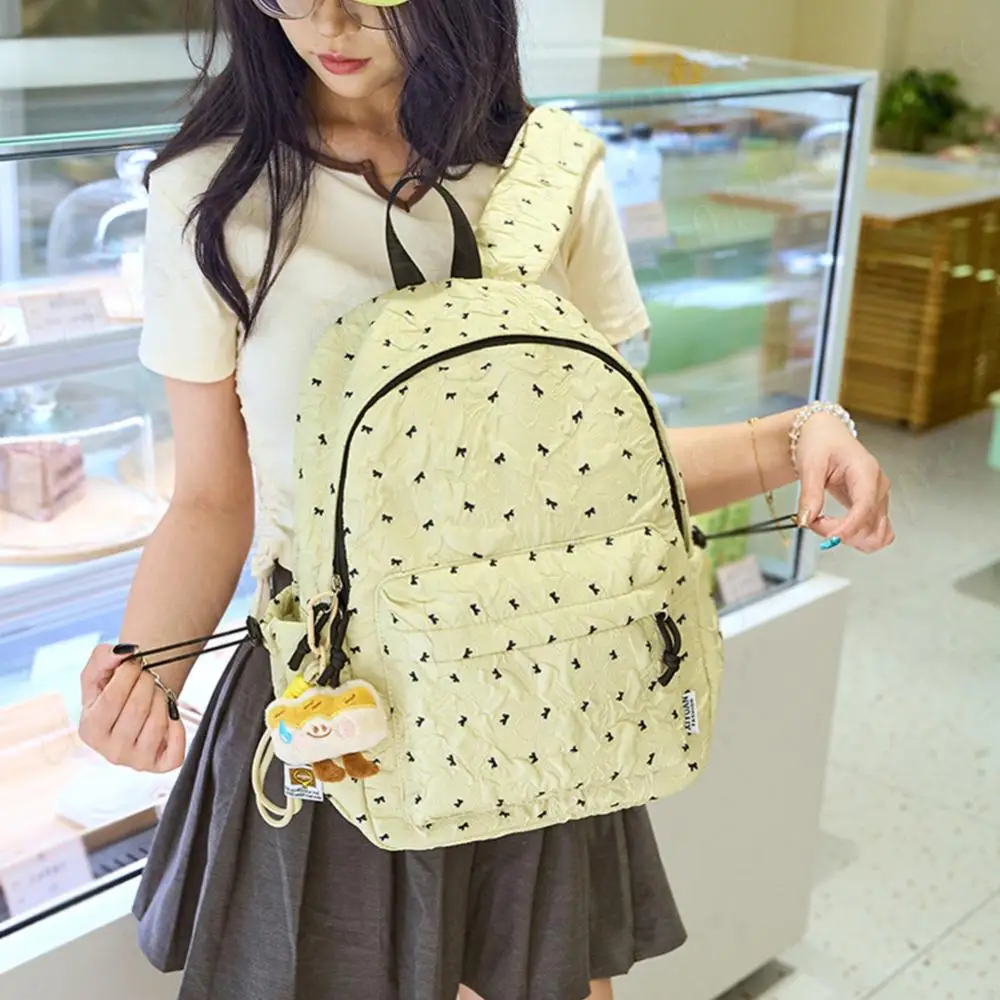 

Nylon Small Bow Print Laptop Double Shoulders Bag with Pendant Travel Lightweight Backpack Cute Students Sweet School Bookbag