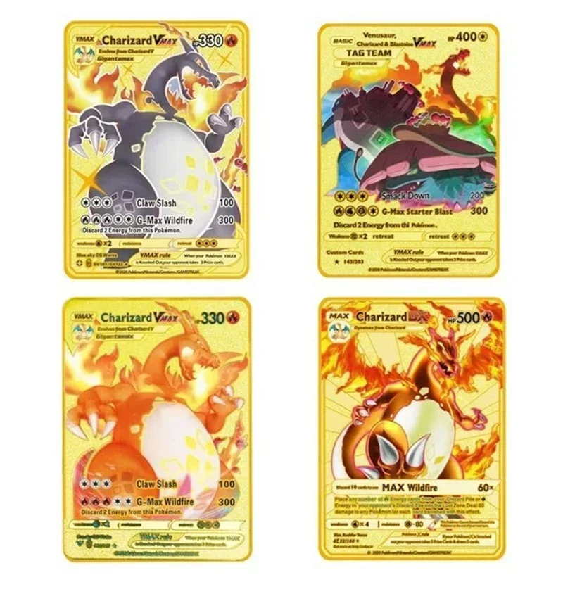 English Pokemon Cards Gold DIY Metal Card Hard Iron Cards Pikachu Mewtwo Gx Charizard Vmax Package Game Battle Collection Gifts