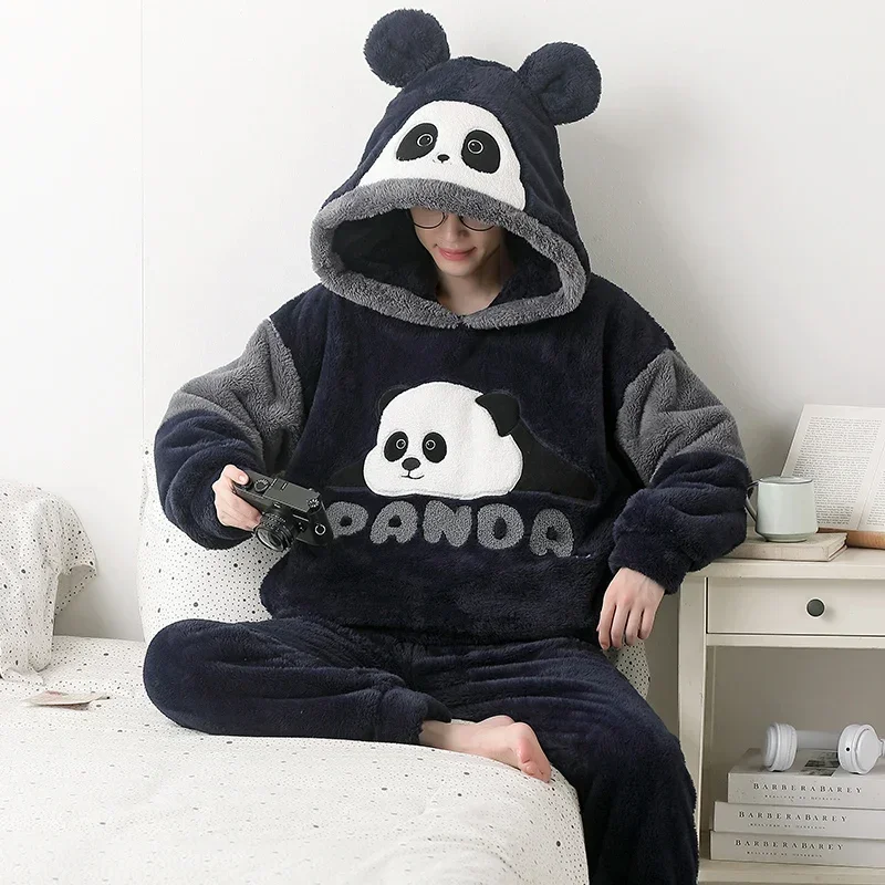 Winter Couples Pajamas Set Women Men Sleepwear Thick Cartoon Panda Kawaii Adult Anime Pyjamas Korean Hooded Suits Night Homewear