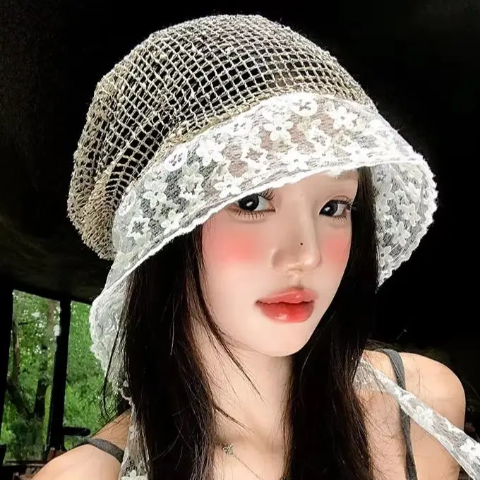 Cotton-Linen Sun Hat for Women Solid Colour Fisherman's Hat with Back Split and Bow Solid Colour Sun Hat