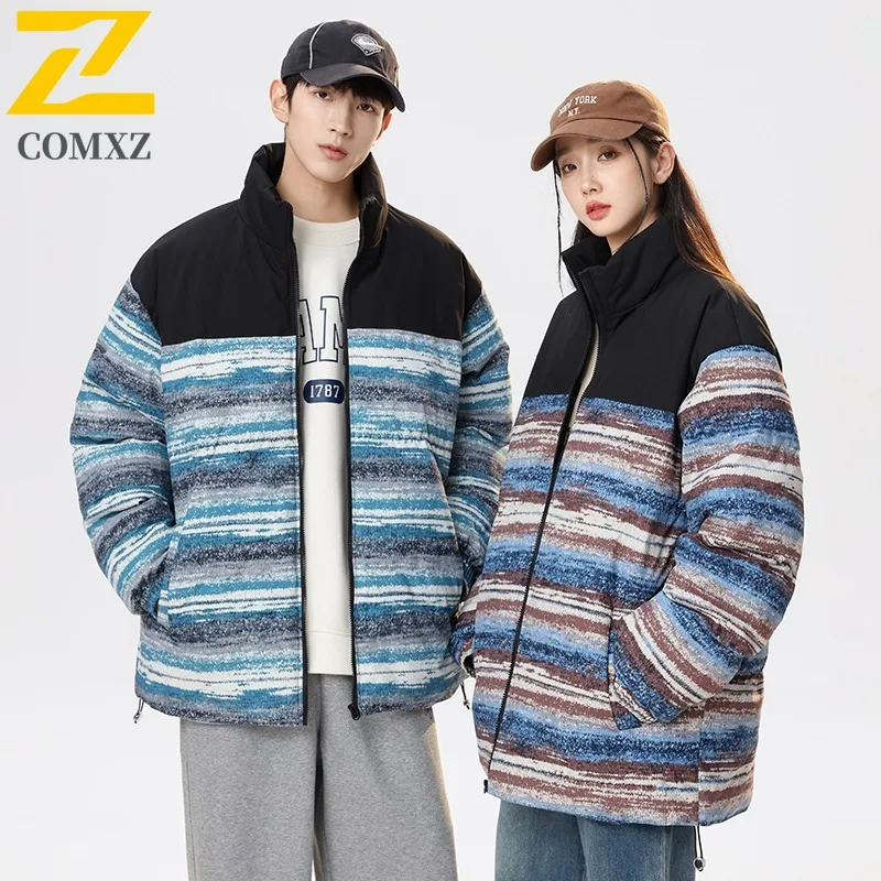 COMXZ 2025 Winter Stand Collar Color Block Padded Coat Unisex Casual Sports Outwear Candy Color Trendy Warm Couple Jacket