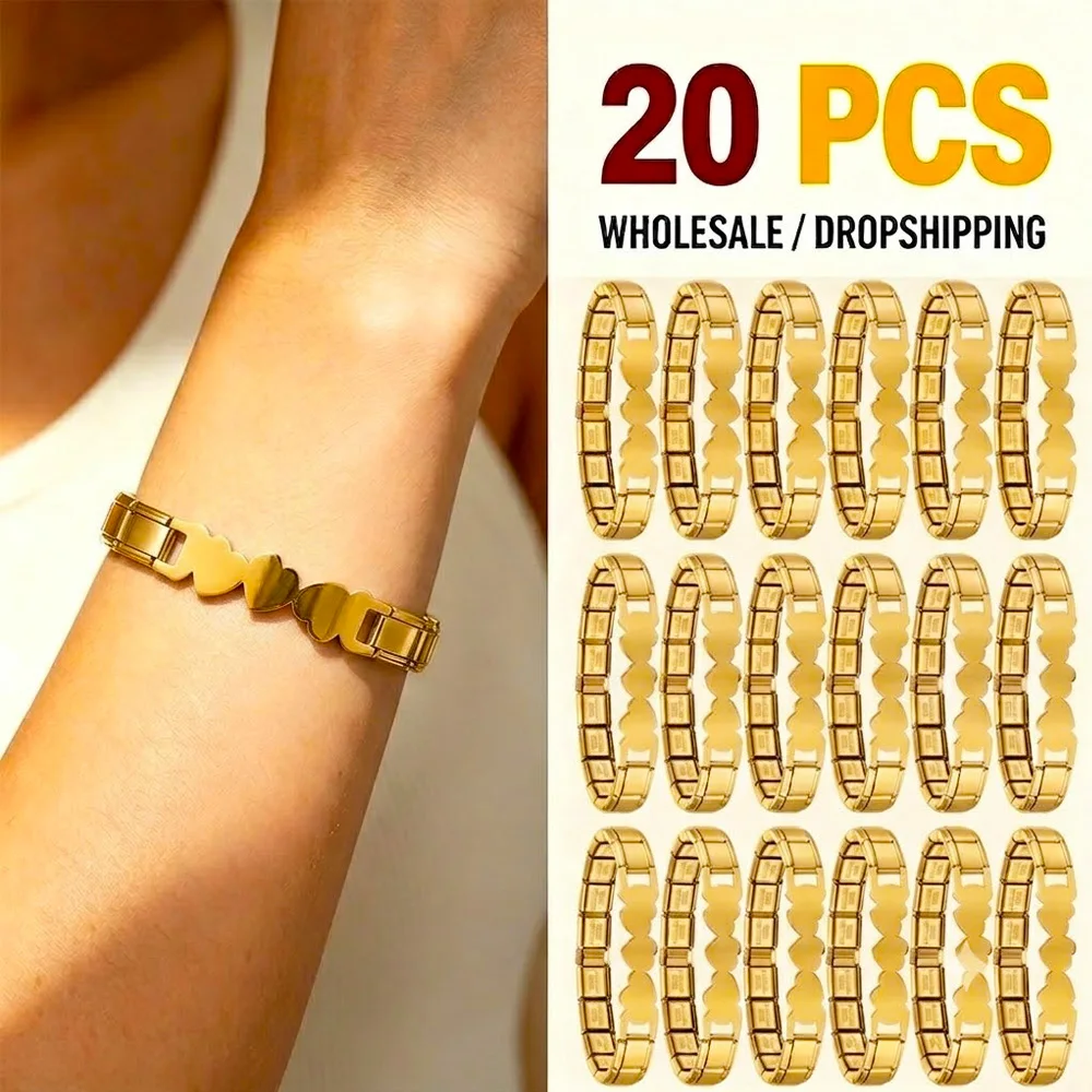 Wholesale Bulk 20Pcs Italian Heart Charm Bracelet Stainless Steel Modular Elastic Links Chains Gold Silver Color Y2K Jewelry Lot