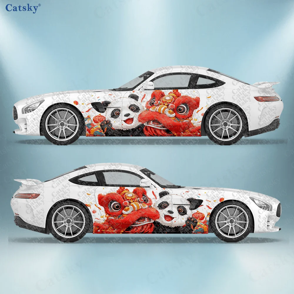 

2pcs National Trend Panda Lion Dance Car Side Wrap, Self-Adhesive PVC Waterproof & Scratch-Resistant Sticker, Car Accessory Gift