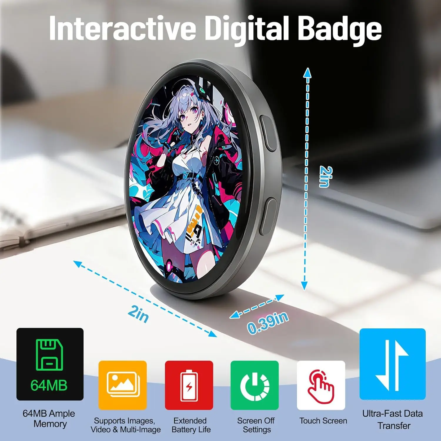 Anime E-Badge HD Screen Smart Dynamic Badge Pin Can Transfer Photos, GIFs, Animations, and Videos for Otaku Fans Gift
