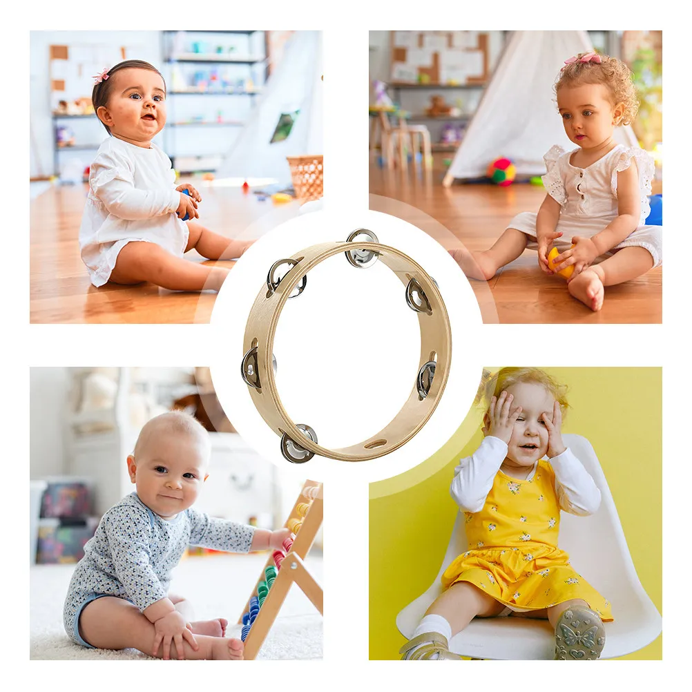 Hand Percussion Tambourine Wooden Metal Music Instrument for Educational Play Rattle Encouraging Parent Interaction
