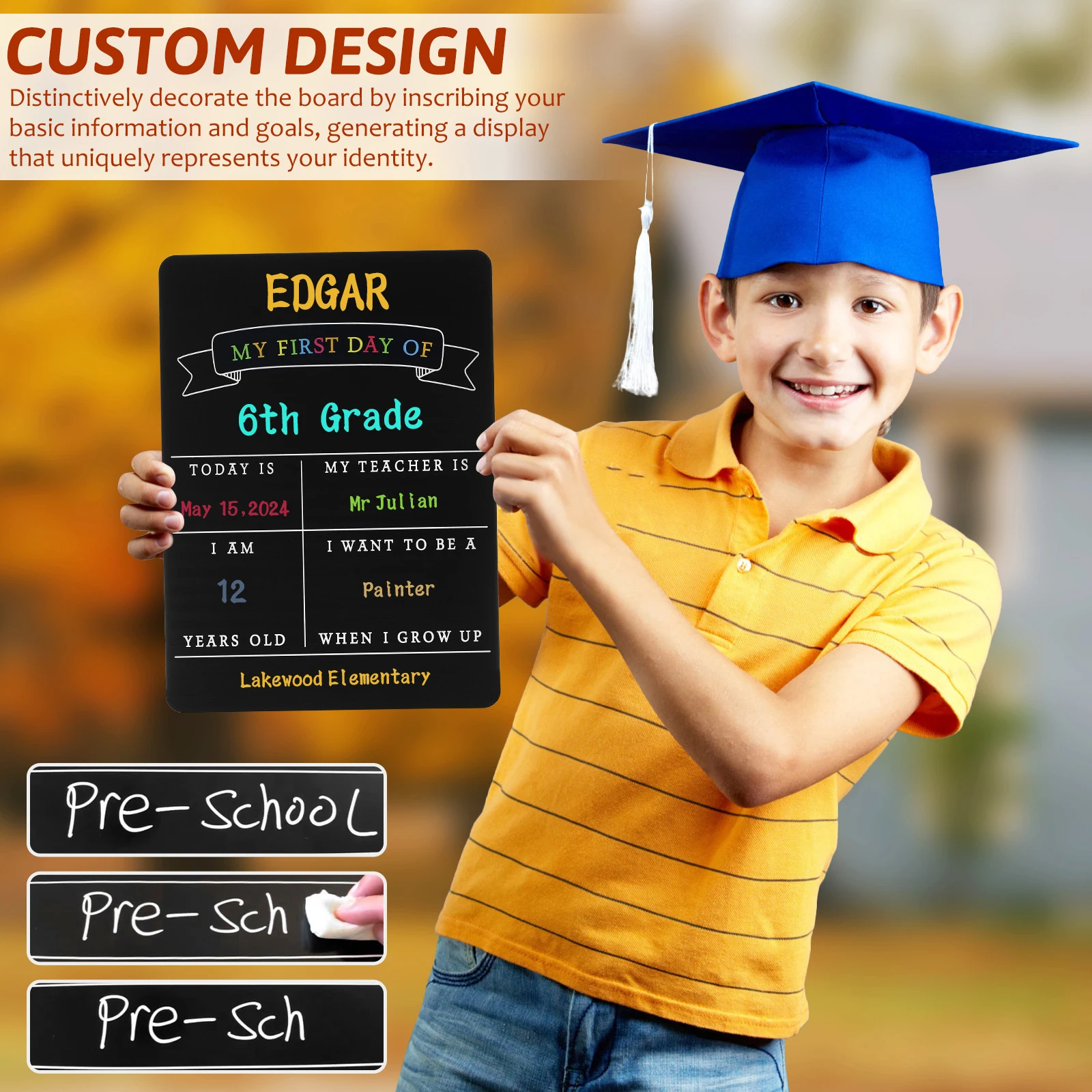 

2Pcs Double Sided Blackboard Wood Day School Sign Reusable Chalkboard Kindergarten Grade College Memories