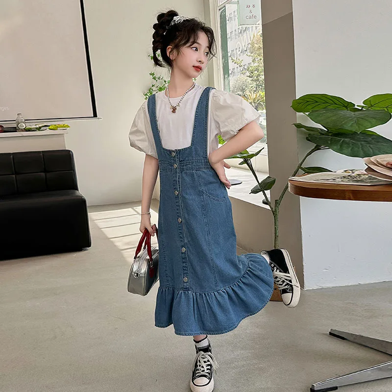 

Girls Suits Children Summer Dress 2024 New Style Korean Short-sleeved Casual Cowboy Fishtail Strap Skirt Two-piece Set Clothes