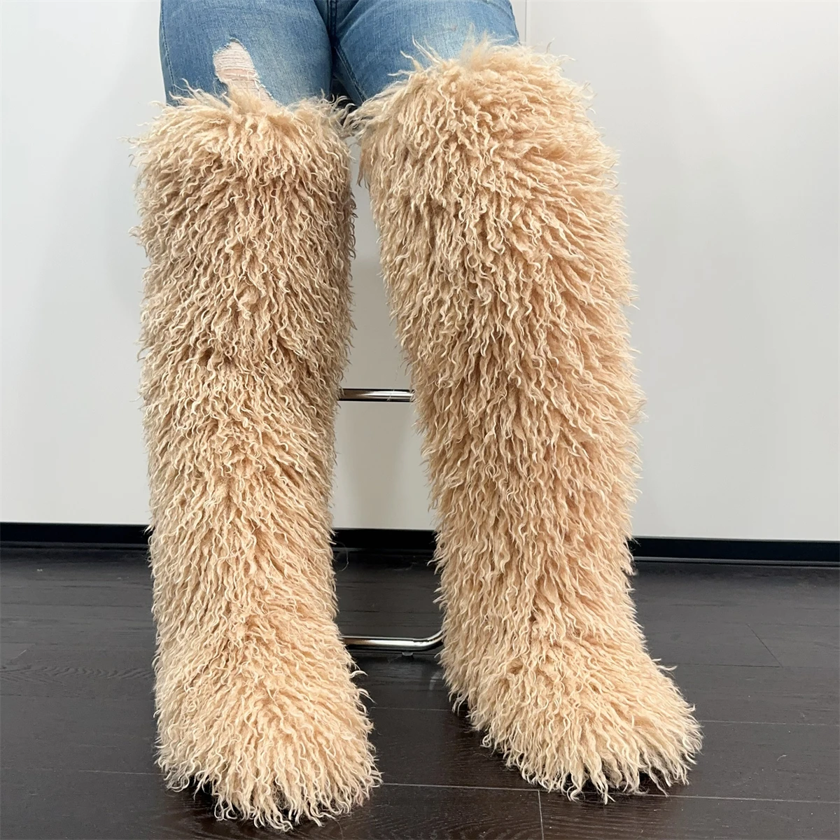 Womens Faux Mongolian Thigh Highs Faux Fur Boots Winter Warm With Fur Inside