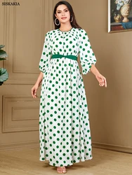 Siskakia Printing Abayas For Muslim Woman O-neck A-Line Lantern Sleeve Dresses With Belt Moroccan Islamic Dubai Stylish Robe