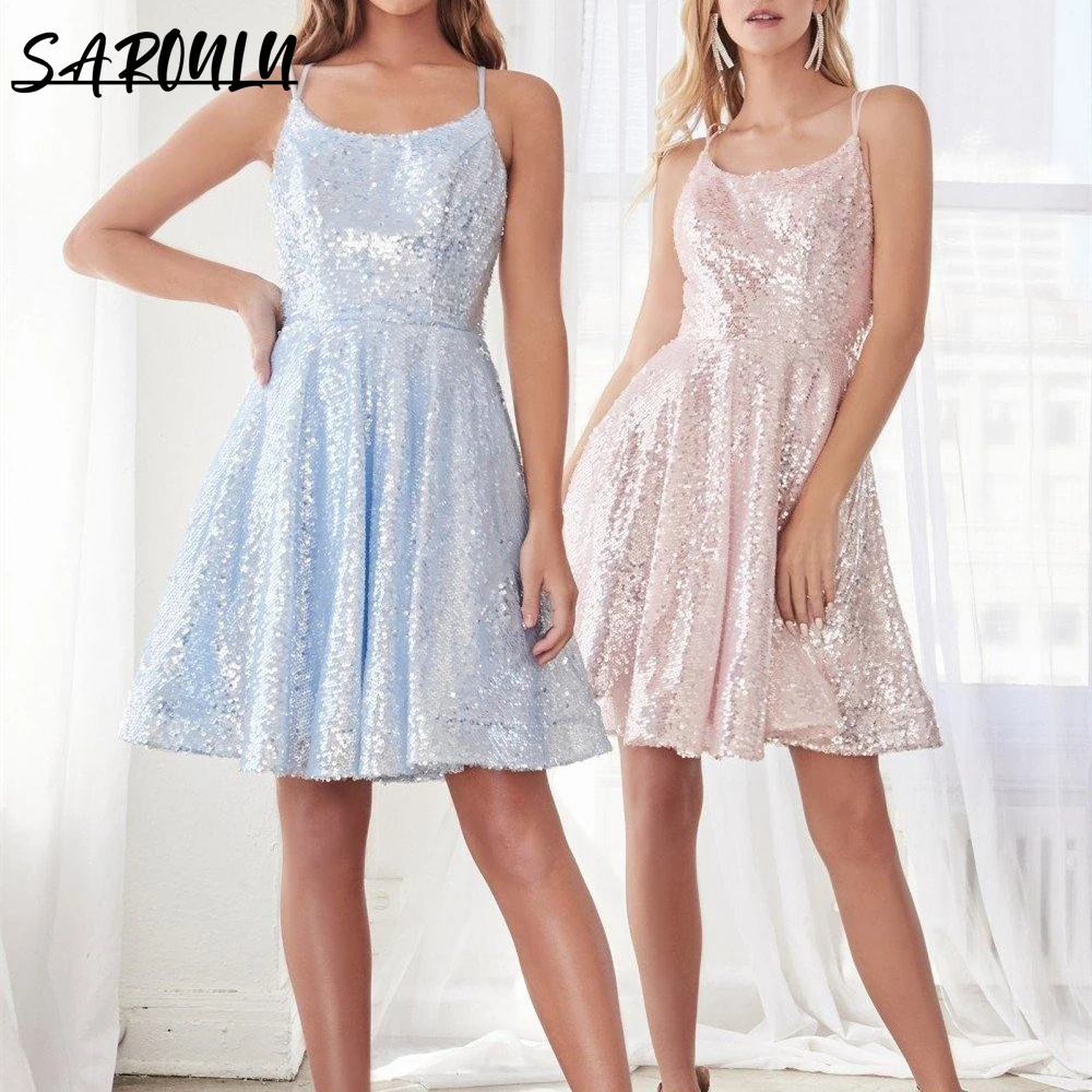 

Sequined Spaghetti Straps Homecoming Dress Wedding Guest Birthday Party Gown Graduation Dresses Sparkling Short Prom Dress