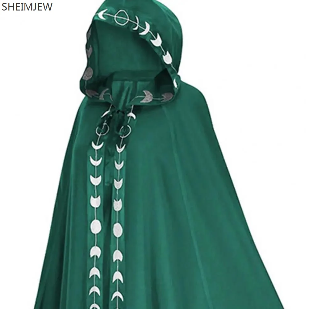 New Unisex Mantle Hooded Moon Print Cloak Medieval Renaissance Lace Up Cape Halloween Medieval Characters Cosplay Costumes