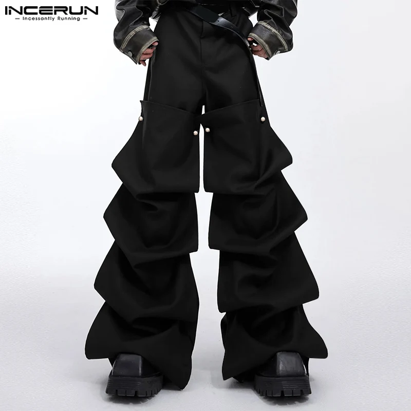 

INCERUN 2024 Korean Style Mens Fashion Pantalons Leisure Clothing Solid Layered Design Trousers Male Party Shows Long Pant S-5XL