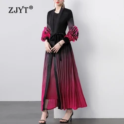 ZJYT Elegant Gradient Color Long Evening Party Dresses for Women 2024 Autumn Female 3D Floral Pleated Dress Set 2 Piece Outfit