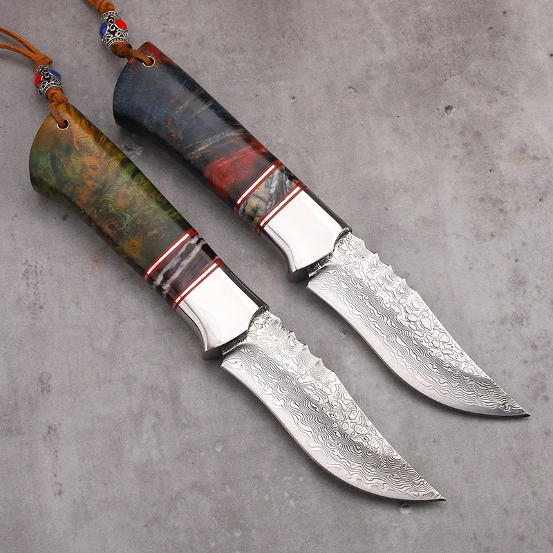 Newly Solidified Stable Wooden Hand Damascus Steel Fixed Blade Tactical Self-Defense Portable Fishing Camping EDC Tool Knife