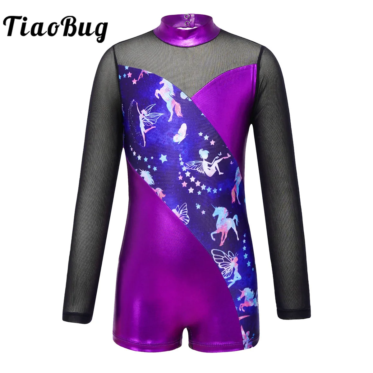 

Kids Girls Ballet Gymnastics Leotard Metallic Mesh Long Sleeve Leopard Print Dance Bodysuit Jumpsuit Athletic Shorty Unitard