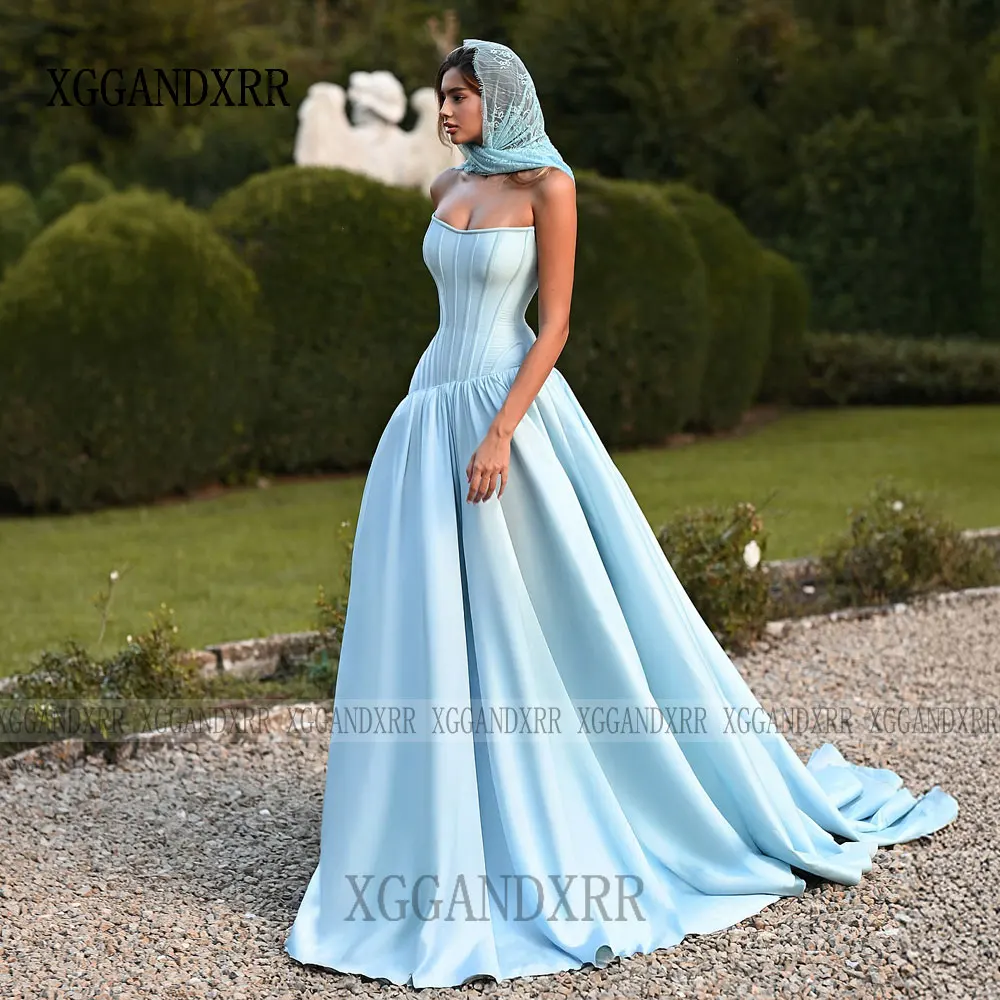 Elegant Sky Blue A Line Prom Dress 2026 Sexy Strapless Boned Satin Skirt Long Evening Party Gown Saudi Arab Woman Formal Wear