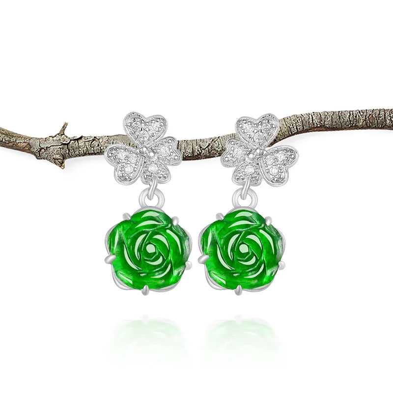 

Natural A-Grade Yang Green Rose Earrings S925 Silver Inlaid with Ice Seed Jade Women's Fashionable Jewelry Drop Shipping