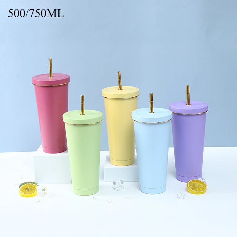 500/750ml Large Capacity Stainless Steel Double Wall Vacuum Insulated Tumbler with Straw and Lid Coffee Mug Travel Cup Boba Cup