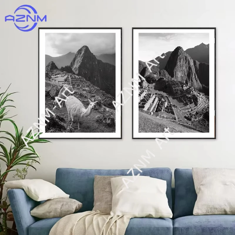 1/2pcs Llamas in Machu Picchu Black and White Travel Photo Poster Canvas Painting Modern Wall Art Prints Bedroom Room Home Decor