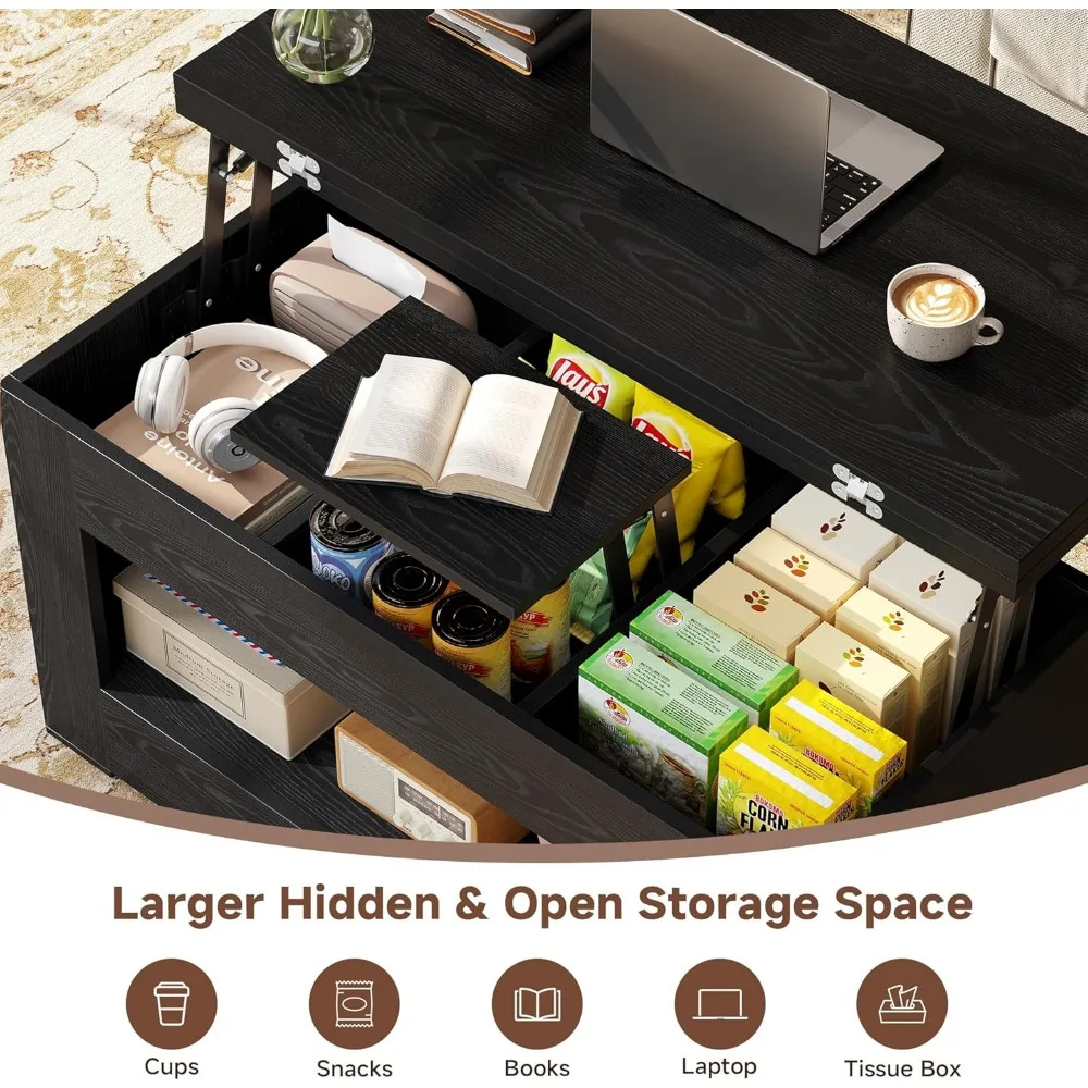 Table basse relevable de 40 pouces, tables basses élévatrices multifonctions 4 en 1 avec rangement et compartiment caché, table basse convertible