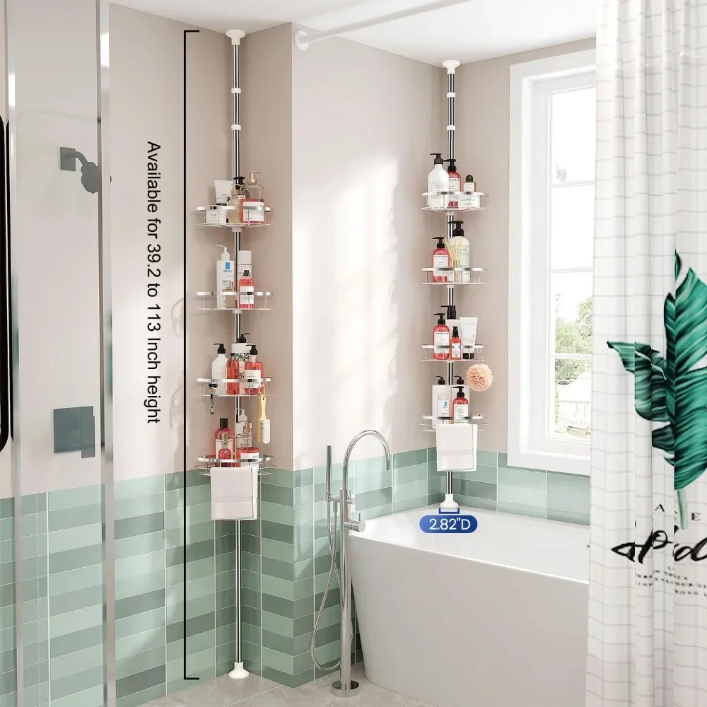 Rustproof Shower Corner Caddy Organizer for Bathroom, 4 Adjustable Shelves with Tension Pole, for Bathtub Shampoo Acces