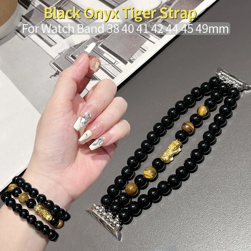 

Black Onyx Mascot Strap for Apple Watch 44mm Band 45mm 41 40 38 49 Beading Bracelet for IWatch Series 9 8 7 6 SE 5 4 3 Wristband