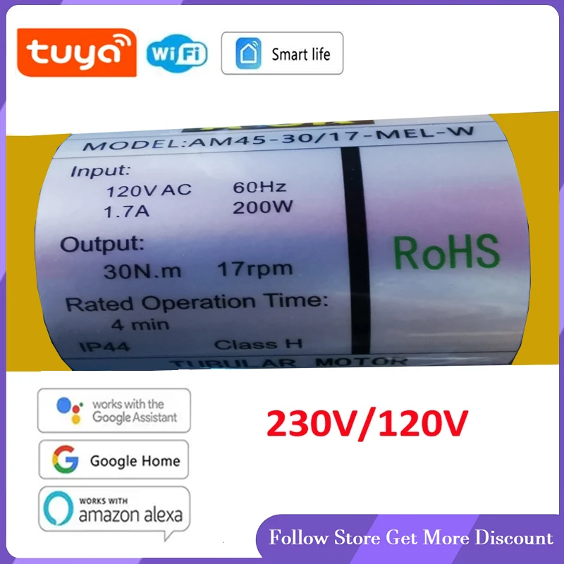 A-OK AM45 30/17 MEL Smart Rolling Tubular Motor,RF433 Tuya wifi App,for 50/55/63/70/85mm Tube,for Rolling Blinds/Lifting System