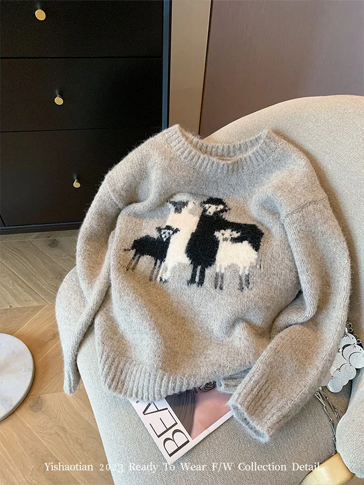 2023 Women Autumn Winter Grey Knitwear Jumper Simple Vintage O-Neck  Sweater Animal Print Cute Long Sleeve Pullover Streetwear