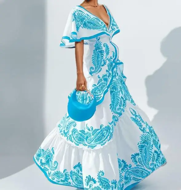 

Womens Dresses 2025 Autumn New Style Elegant Printed V-Neck Dress with Ruffle Hem Big Swing Dress Gorgeous Retro Dress