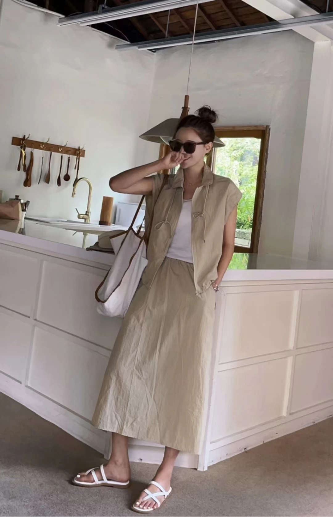 

Женский жилет с открытым верхом, открытый кардиган, свободная юбка трапециевидной формы с завязками на талии, комплект с воротником-стойкой, модный летний наряд