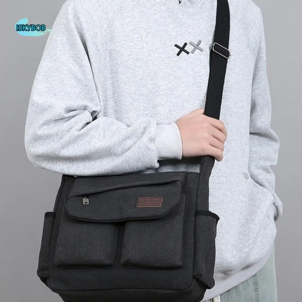 

Мужская парусиновая сумка через плечо большой вместимости с несколькими карманами, сумка-мессенджер в корейском стиле, однотонная универсальная сумка через плечо, деловая сумка