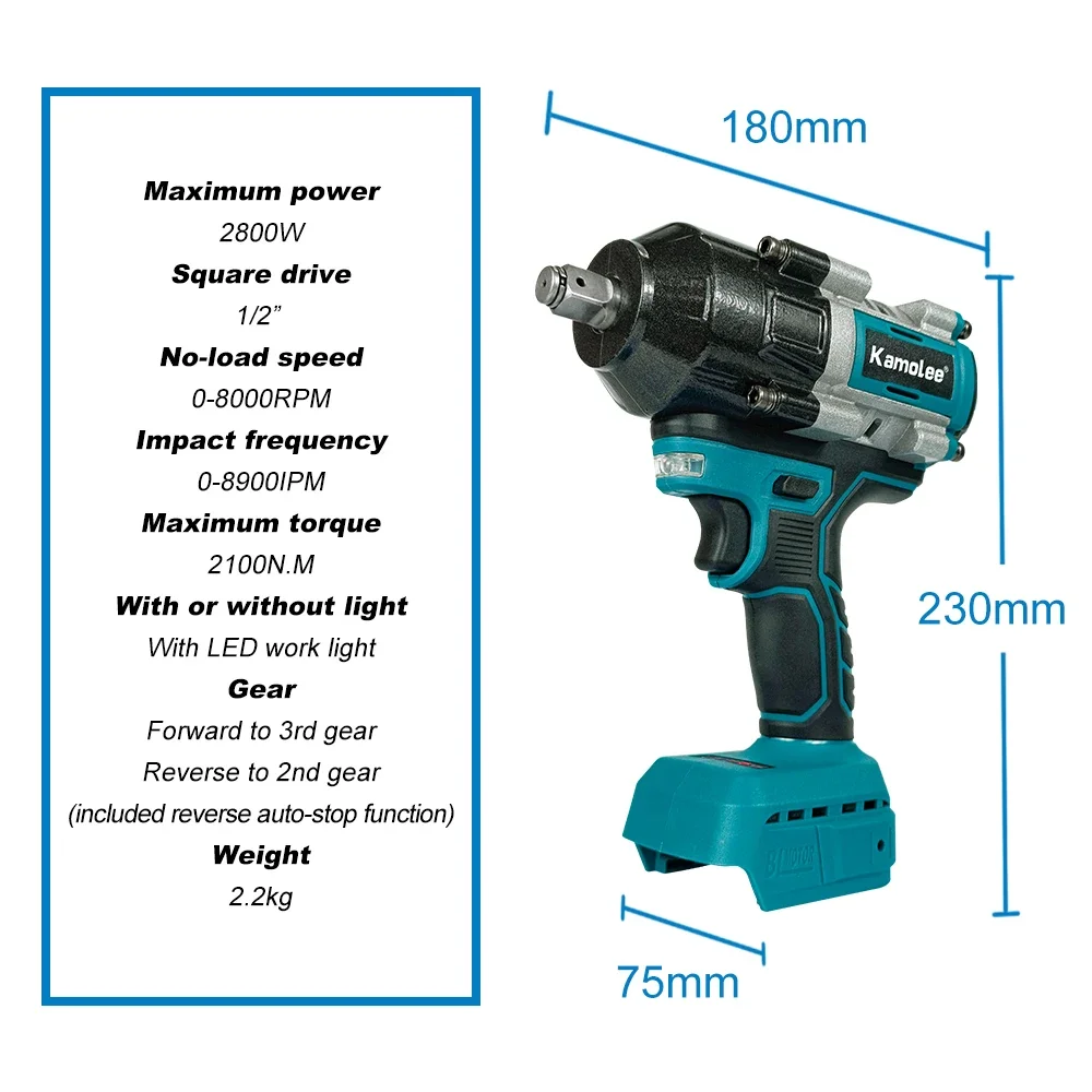 Kamolee 2100N. m Wireless Charging Impact Wrench Brushless Electric Wrench Repair Tool Compatible with Makita Lithium Battery