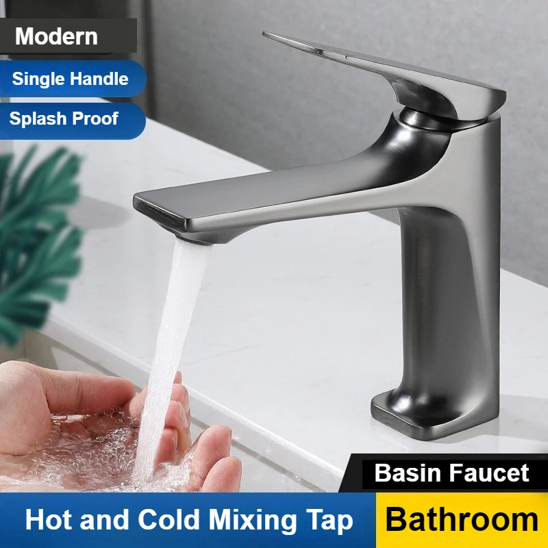 

Stainless Steel Washbasin Faucets Household Hot and Cold Mixer Tap Splash Proof Bathroom Faucet Deck Mounted Single Handle Tap