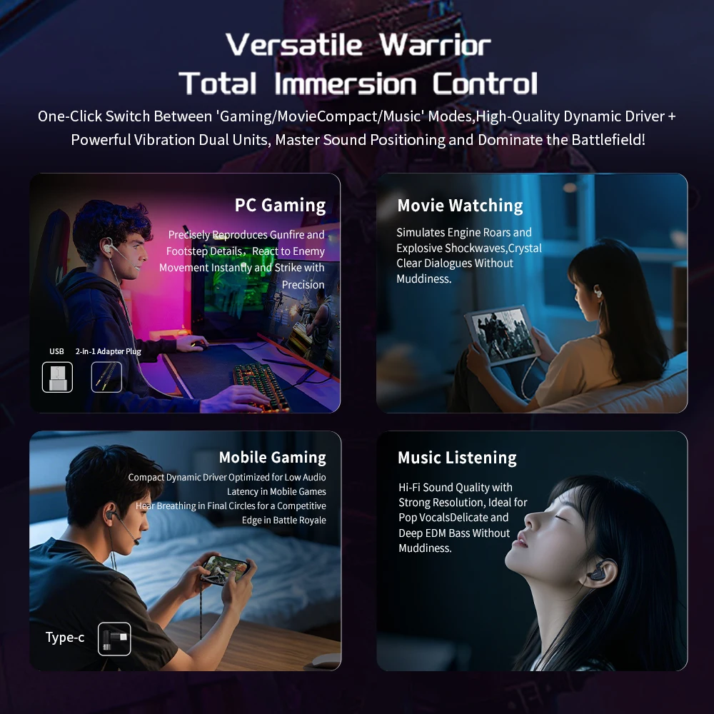 CVJ Shadow Blade 이어폰 1DD + 1 진동 스위치 조정 가능한 게임 포트 이어폰 형 Hifi 헤드폰 konoka Mermaid2