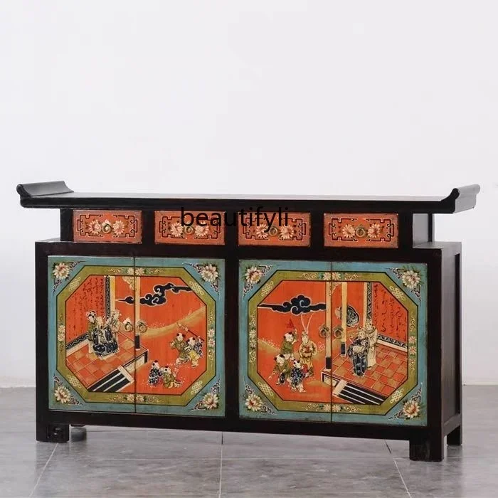 

New Chinese-style solid wood painted porch cabinet hand-painted shoe cabinet old storage side cabinet multi-function