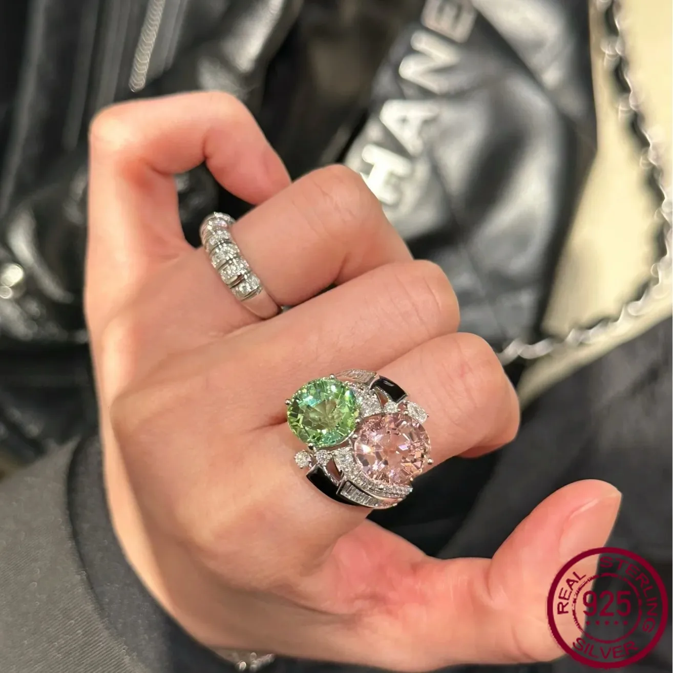 

New popular s925 silver full 4ct apple green cherry blossom pink black enamel double stone style wedding jewelry