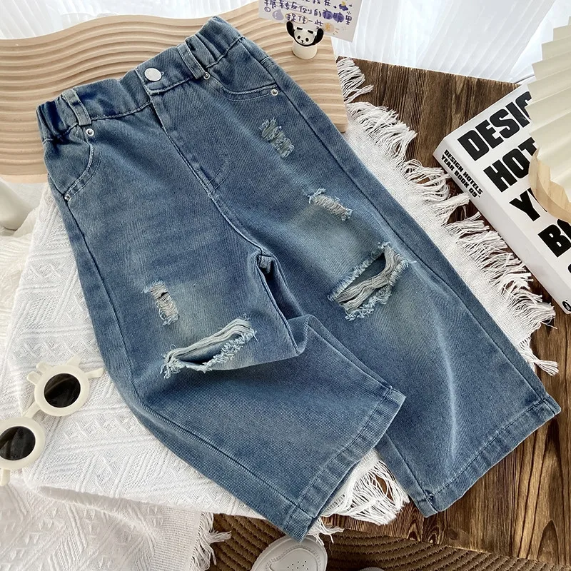 Spring and Autumn Girls Ripped Jeans Fashion Children's High Waist Loose Wide Leg Pants Straight Leg Pants