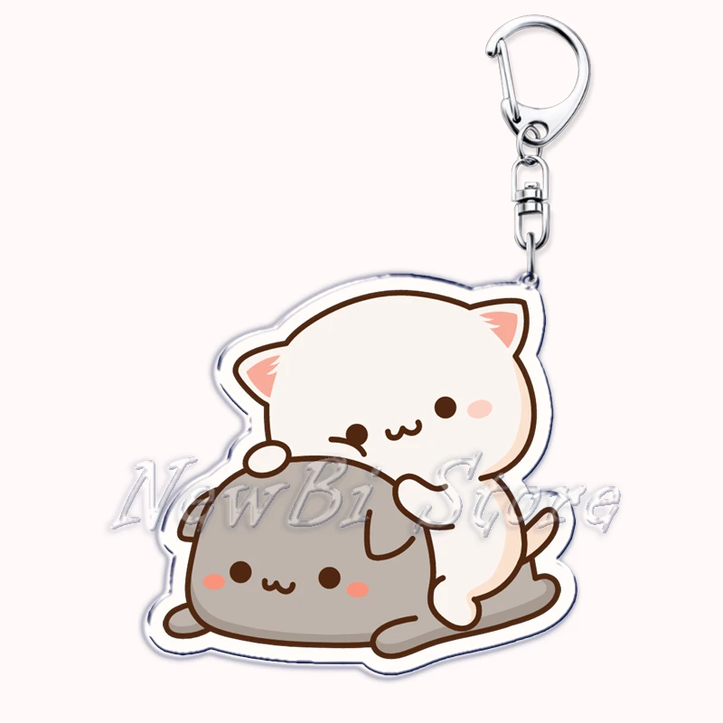 Cute Cartoon Peach and Goma Couple Cat Acrylic Keychains Ring for Accessories Bag Pendant Key Chain Jewelry Fans Lovers Gifts