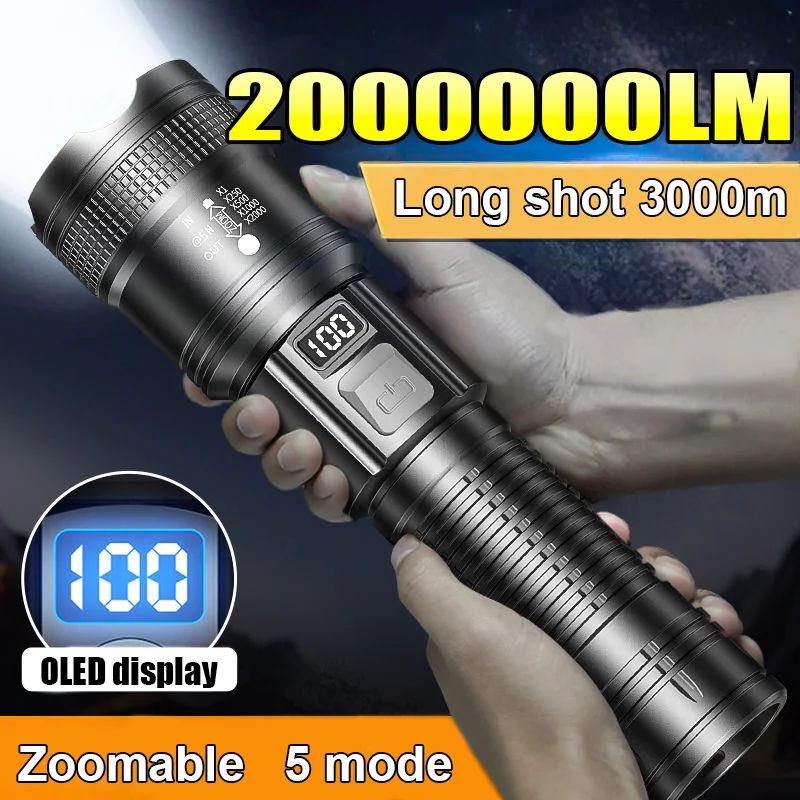 

2000000LM Strong Light Flashlight Ultra Powerful White Laser LED Torch Type C Rechargeable Zoom Spotlight Long Range Flashlight