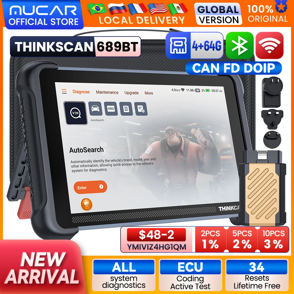 THINKCAR THINKSCAN 689BT Bidirectional Scan Tool All-System Automotive Diagnostic Tool 34 Resets CANFD&DoIP Free OBD2 Scanner